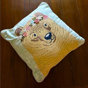 Bear with Flower Pillow Tiara Embroidered Kids Room Girls Decor